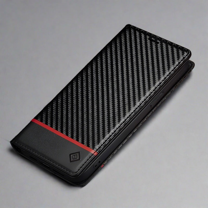 Carbon Fiber Flip Wallet Case for Samsung S23 with Card Holder and Magnetic Closure