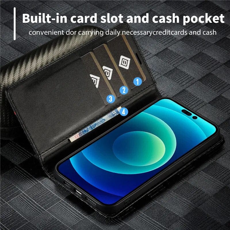 Carbon Fiber Flip Wallet Case for Samsung S23 with Card Holder and Magnetic Closure