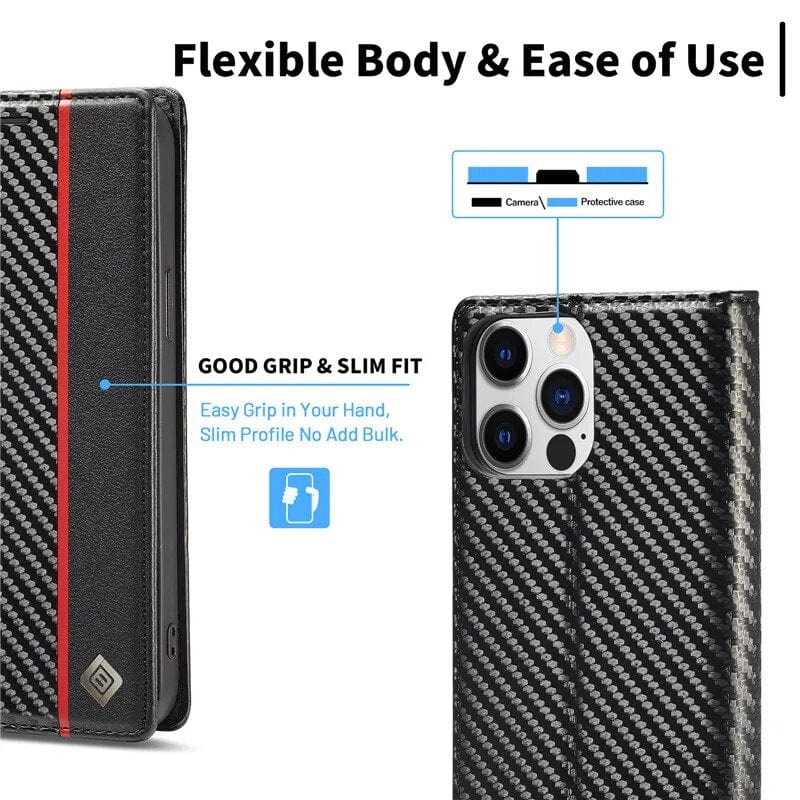 Carbon Fiber Flip Wallet Case for Samsung S23 with Card Holder and Magnetic Closure