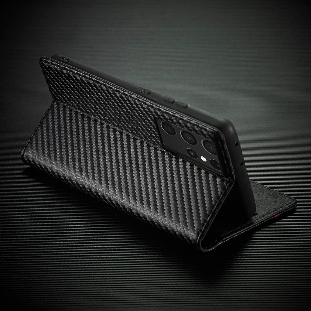 Carbon Fiber Flip Wallet Case for Samsung S23 with Card Holder and Magnetic Closure