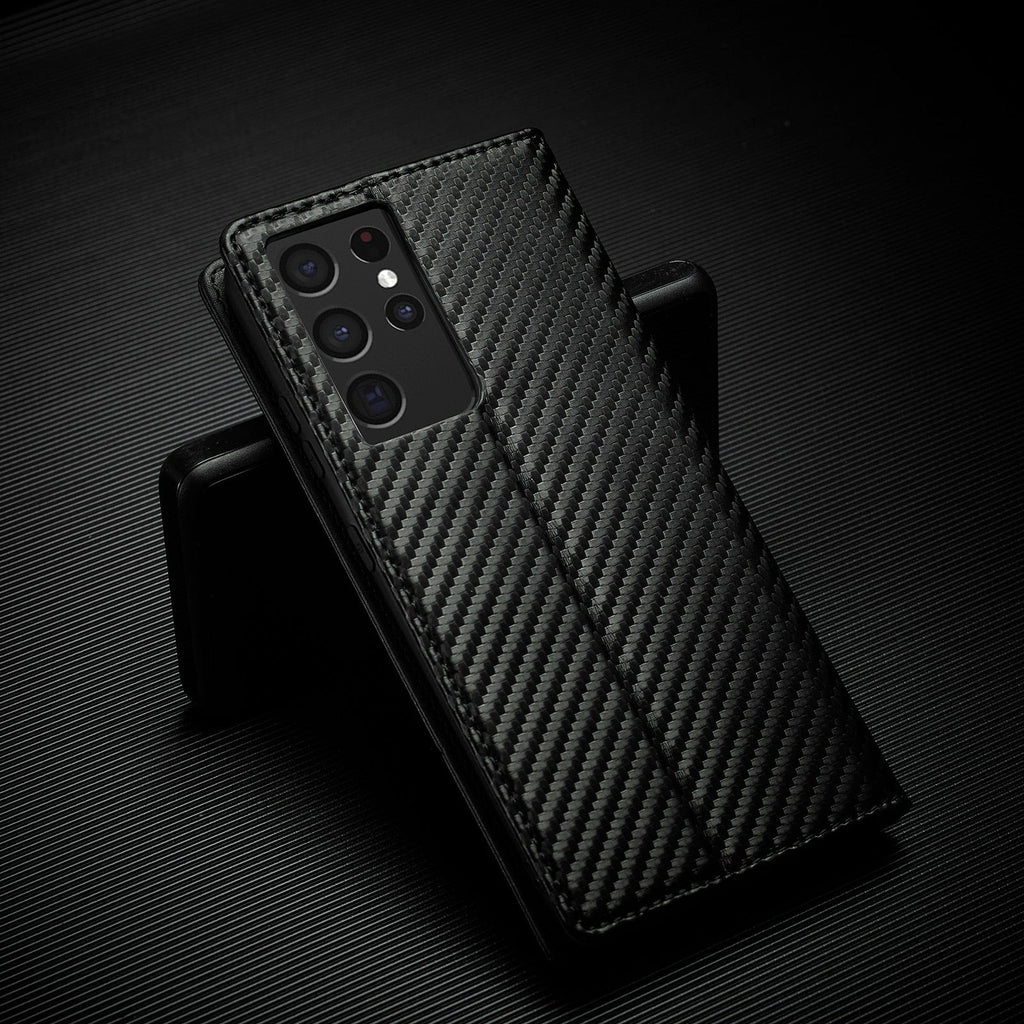 Carbon Fiber Flip Wallet Case for Samsung S23 with Card Holder and Magnetic Closure