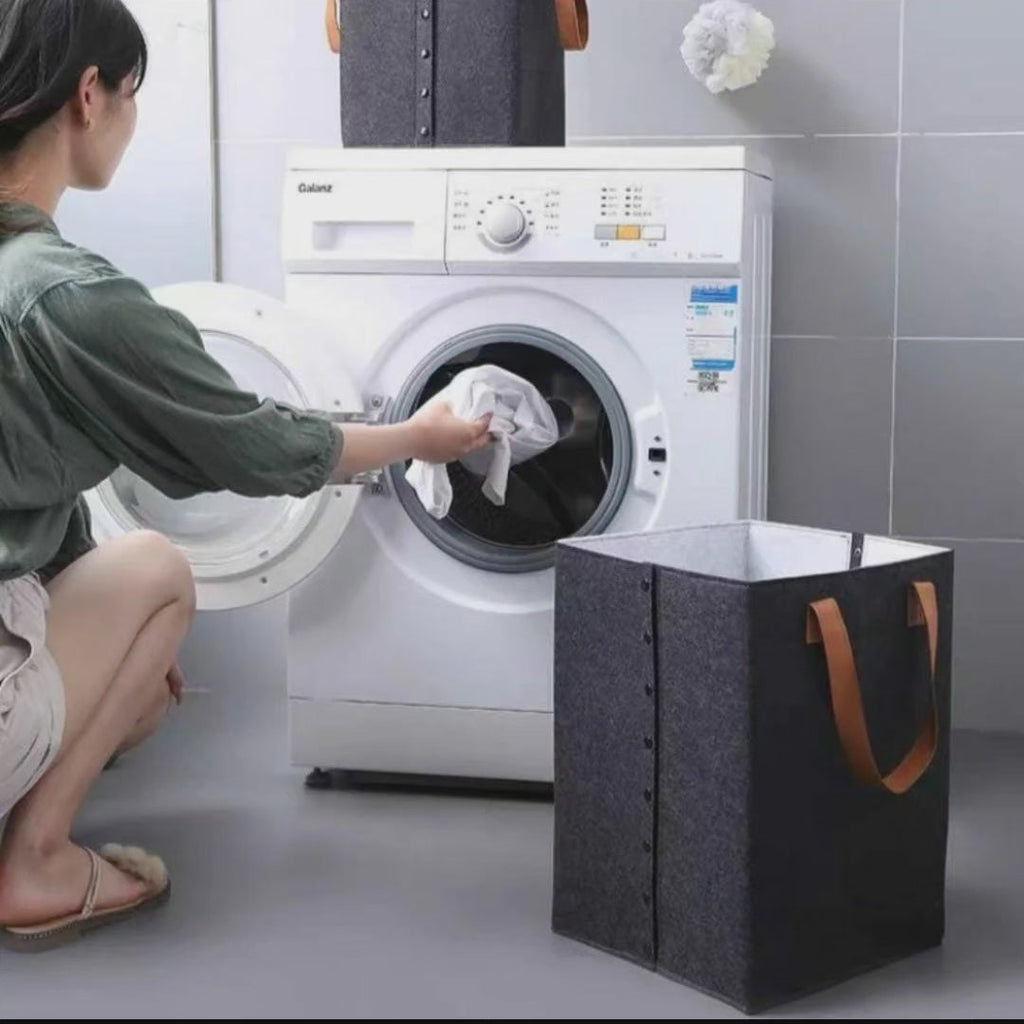 Collapsible Laundry Basket with Leather Handles