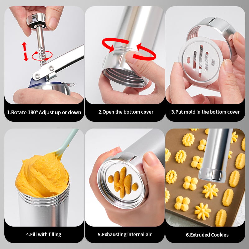 Cookie Press Kit with 20 Stainless Steel Discs & 4 Nozzles – Adjustable Size & Easy Clean