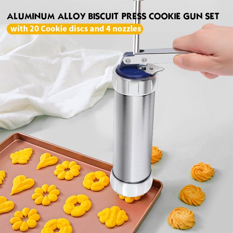 Cookie Press Kit with 20 Stainless Steel Discs & 4 Nozzles – Adjustable Size & Easy Clean