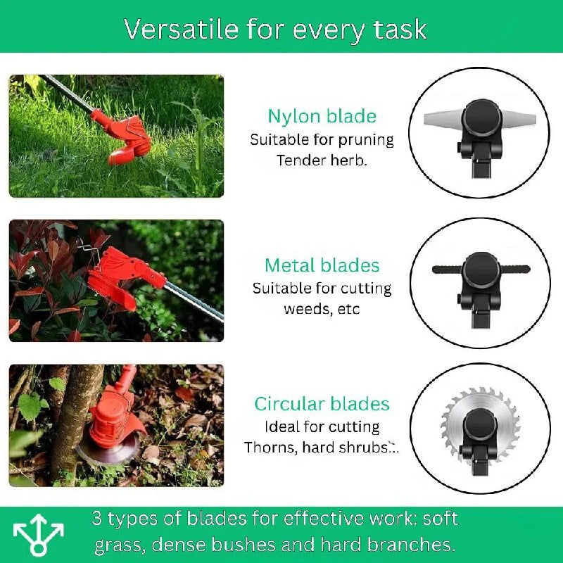 Cordless string trimmer 21V battery powered, telescopic handle, 3 blade types and 90° rotating head, 1.8 kg, battery and