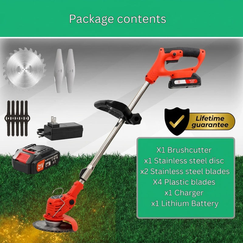 Cordless string trimmer 21V battery powered, telescopic handle, 3 blade types and 90° rotating head, 1.8 kg, battery and