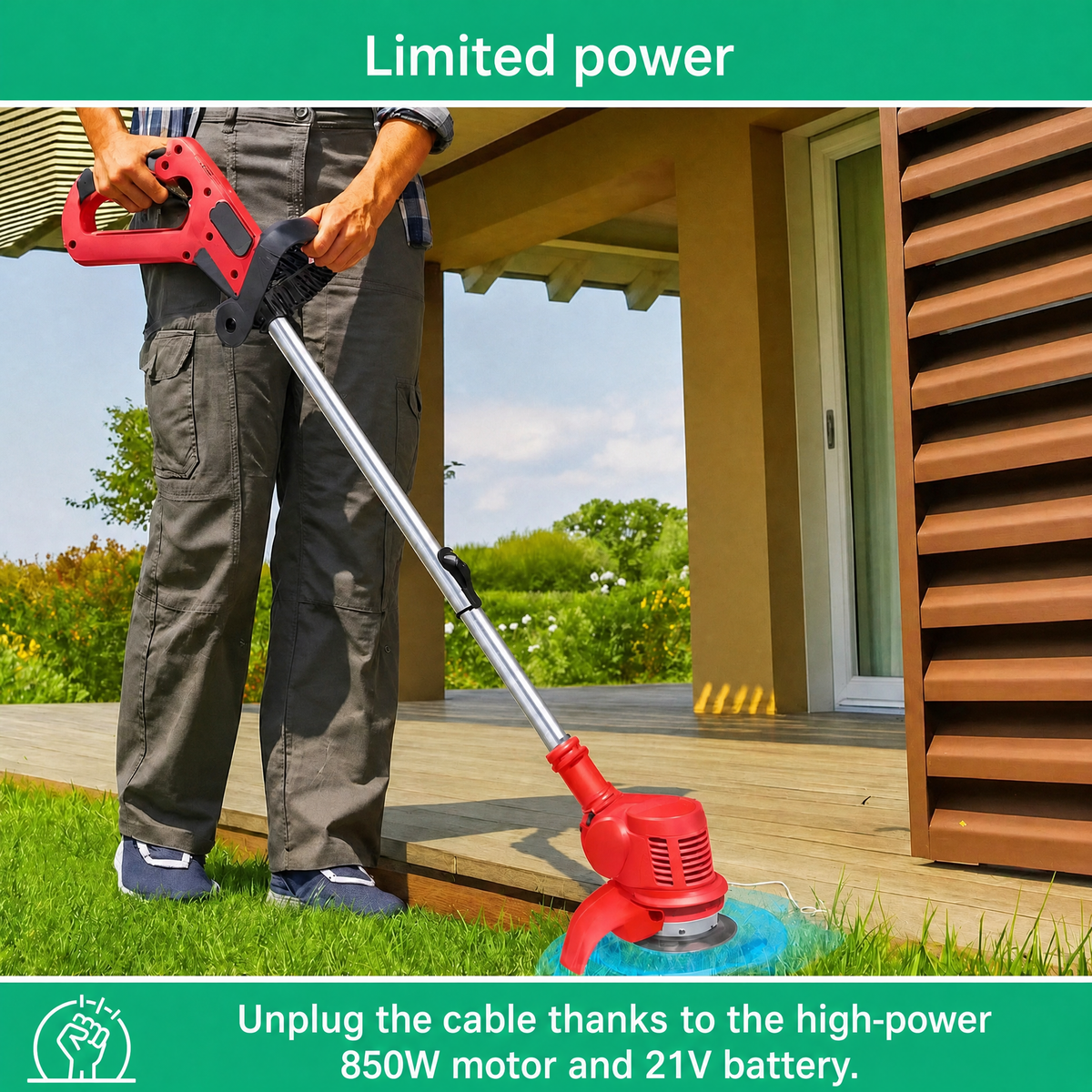 Cordless string trimmer 21V battery powered, telescopic handle, 3 blade types and 90° rotating head, 1.8 kg, battery and