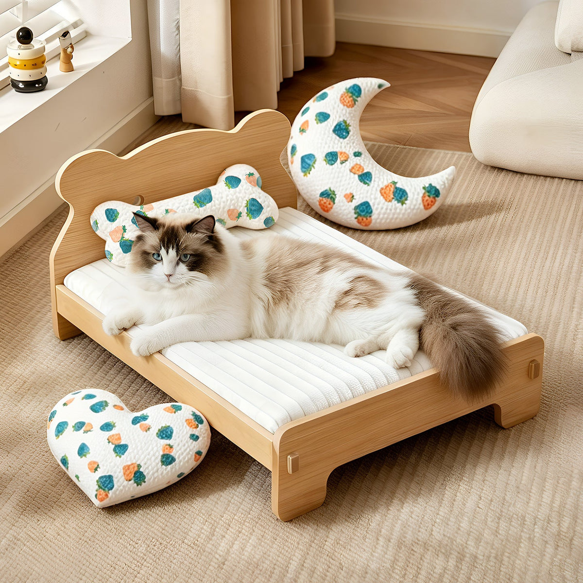 Cozy bamboo cat bed with washable cushion