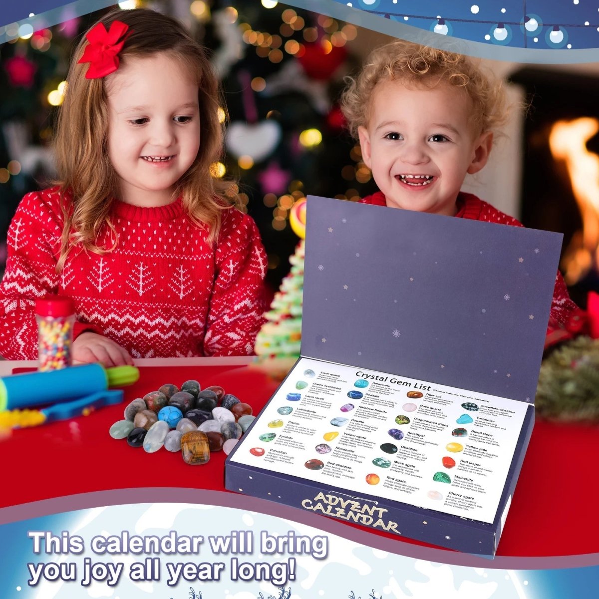 Crystal advent calendar with 24 natural gemstones, children's advent calendar with collectible tumbled stones and crysta