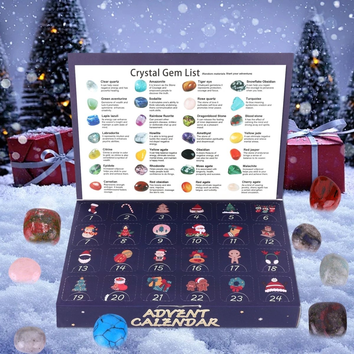 Crystal advent calendar with 24 natural gemstones, children's advent calendar with collectible tumbled stones and crysta