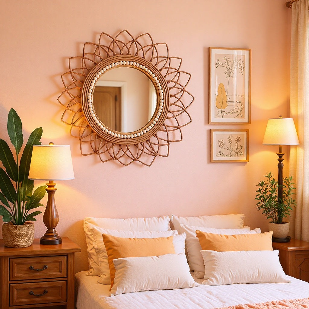Decorative Wall Mirror with Rattan Frame