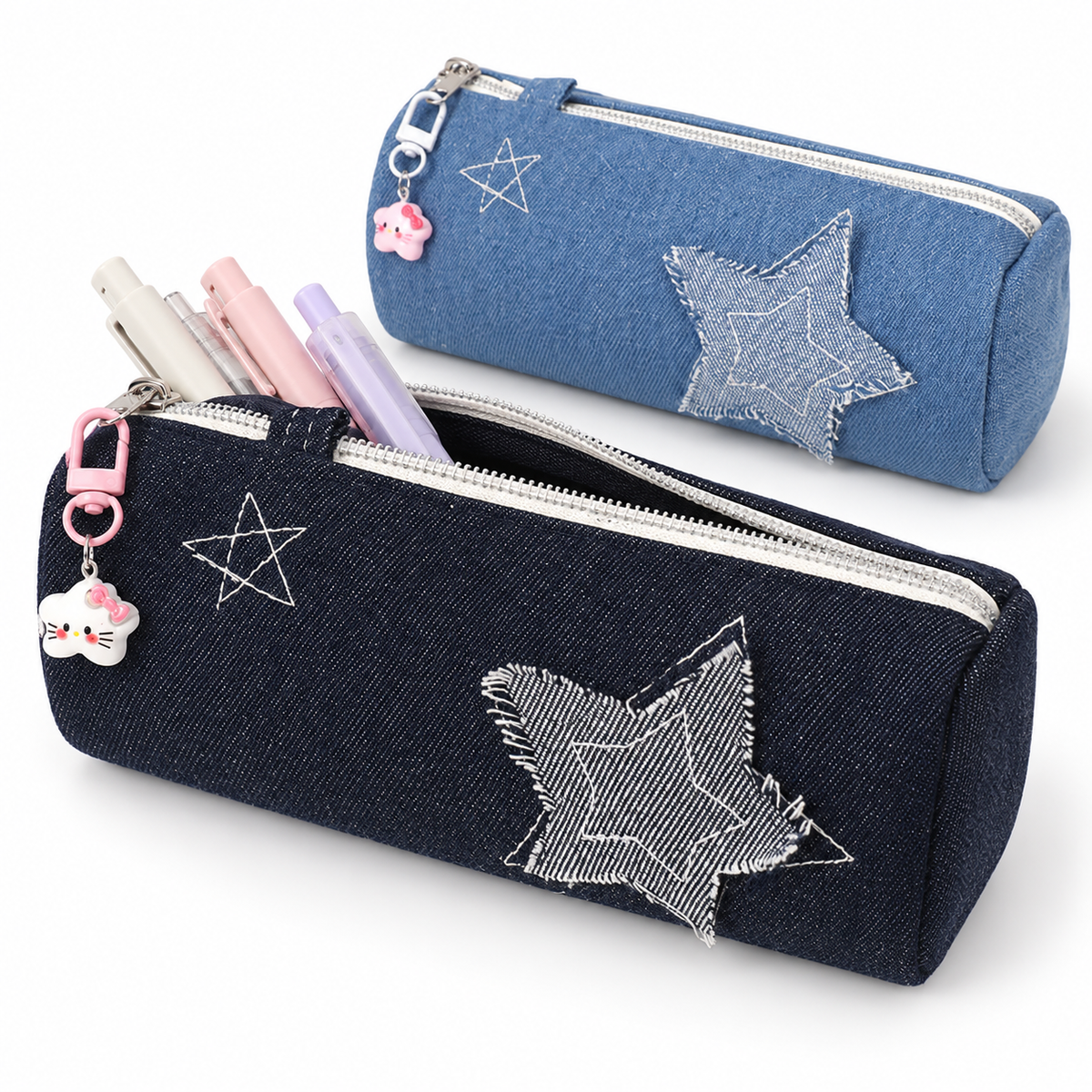 Denim Star Patch Pencil Case and Cosmetic Makeup Bag with Zipper Charm