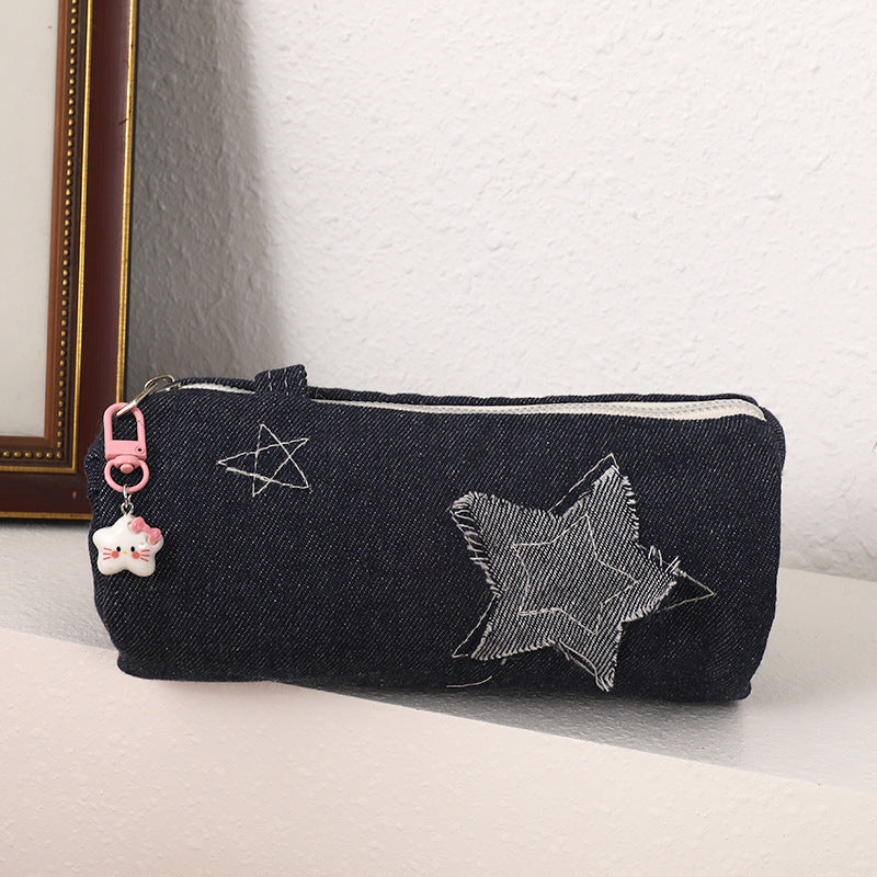 Denim Star Patch Pencil Case and Cosmetic Makeup Bag with Zipper Charm