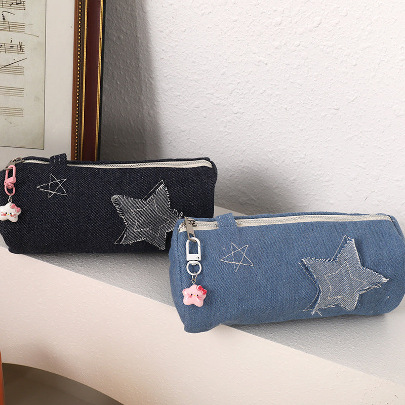 Denim Star Patch Pencil Case and Cosmetic Makeup Bag with Zipper Charm