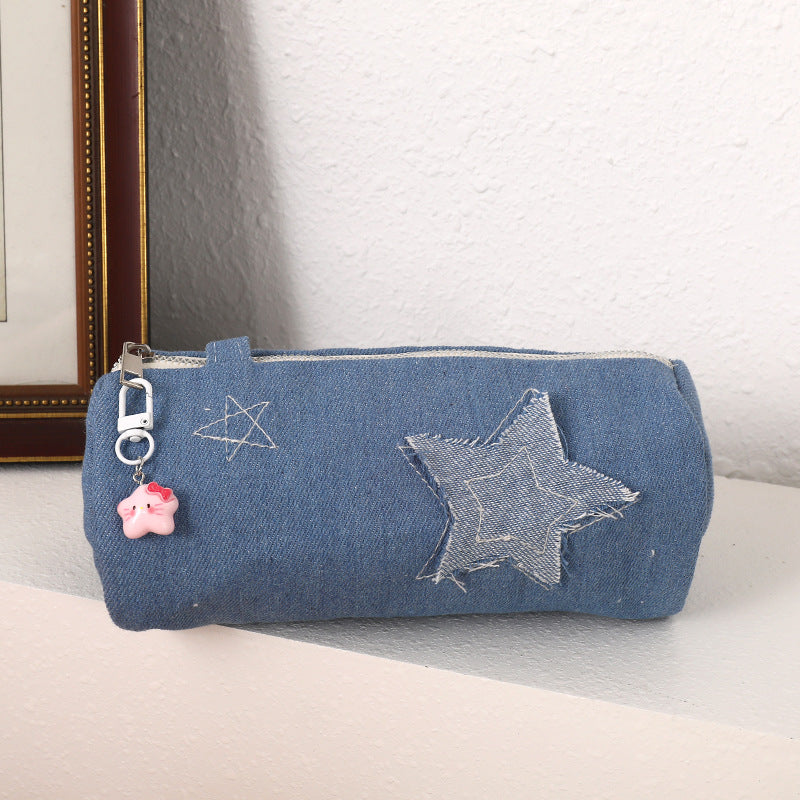 Denim Star Patch Pencil Case and Cosmetic Makeup Bag with Zipper Charm