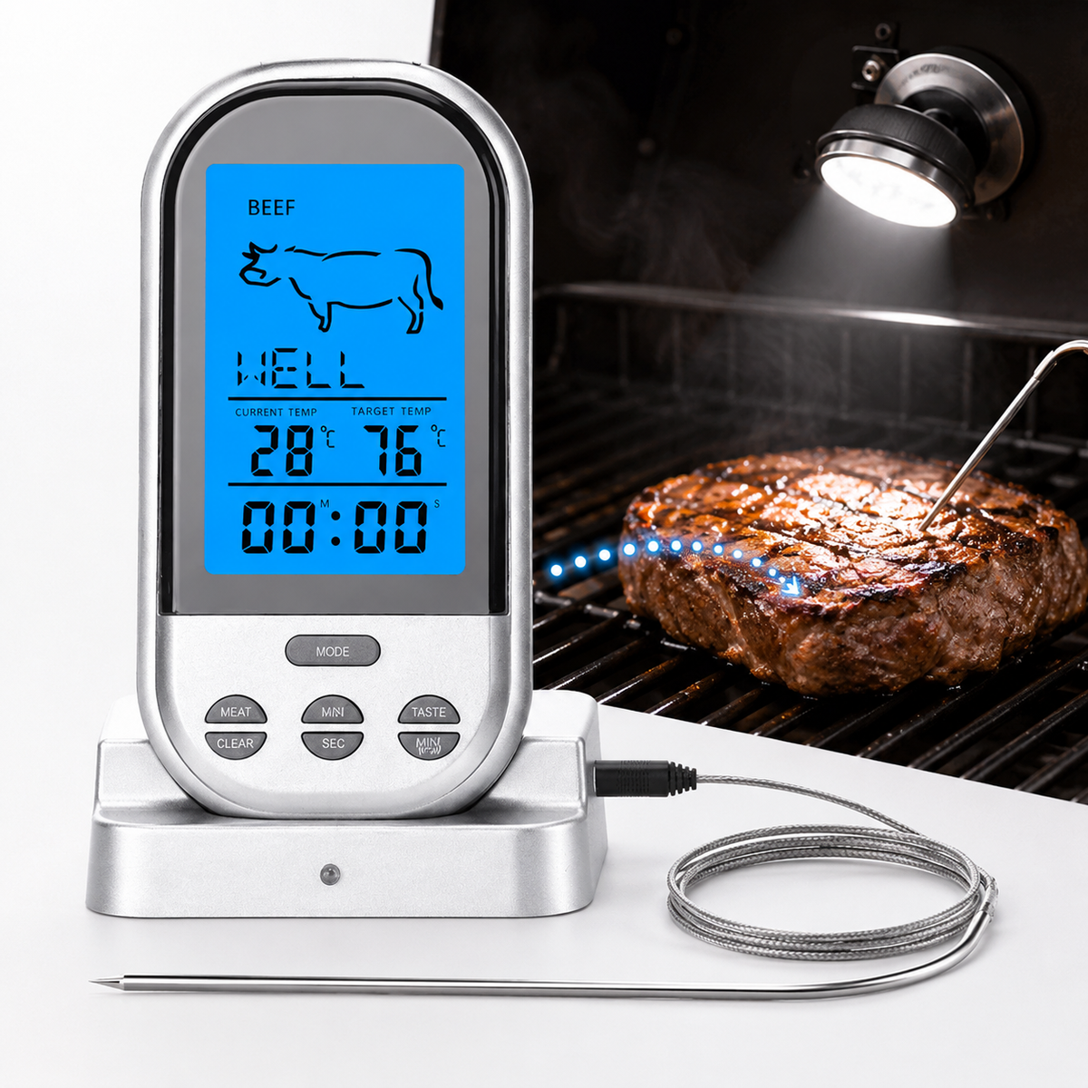 Digital Wireless Meat Thermometer with Probe Station and Backlit LCD