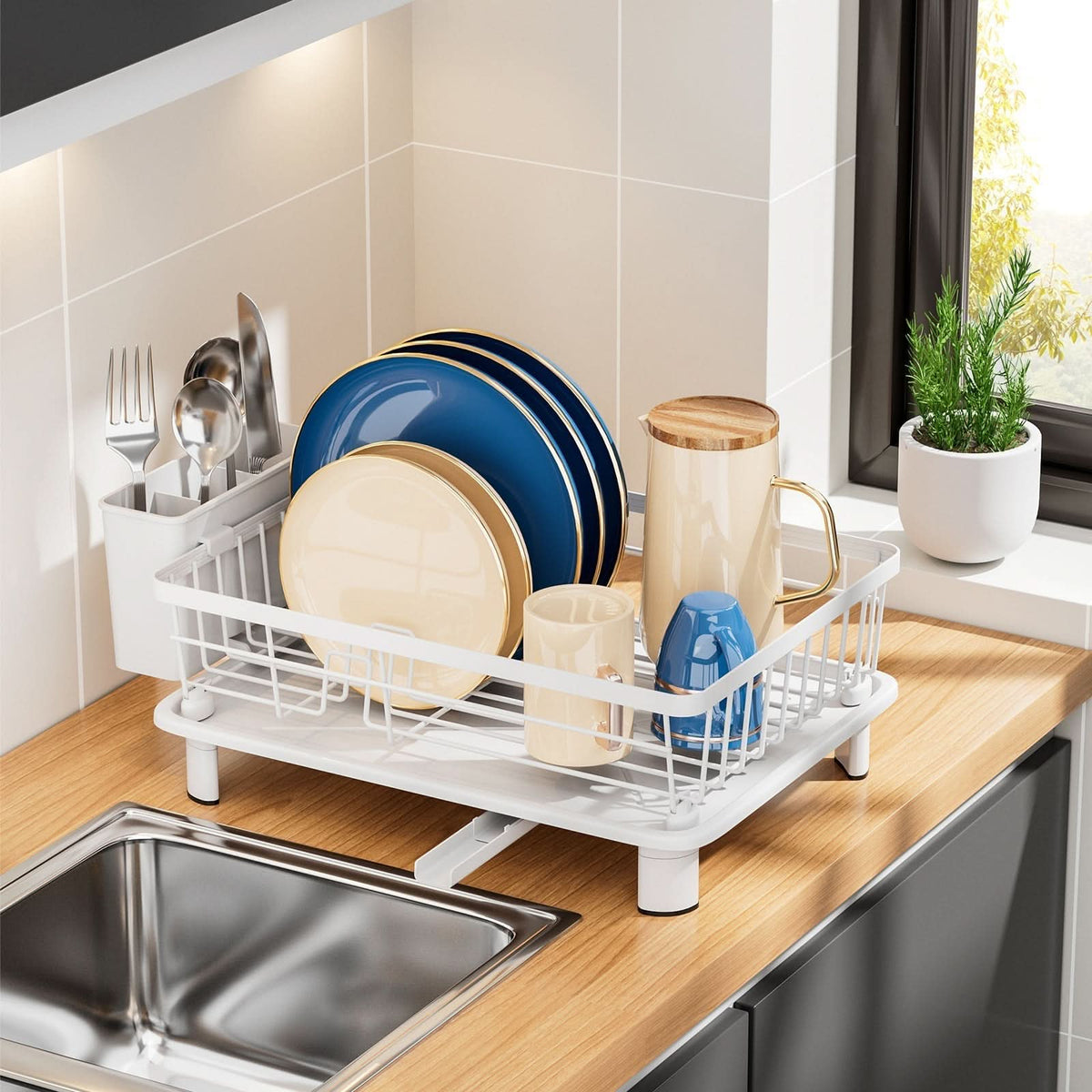 Dish Drying Rack with Built-In Drainage and Separate Cutlery Holder