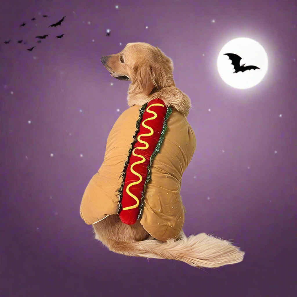 Dog hot dog costume, one-piece Halloween outfit for dogs with adjustable hook-and-loop straps, sizes XS to 2XL