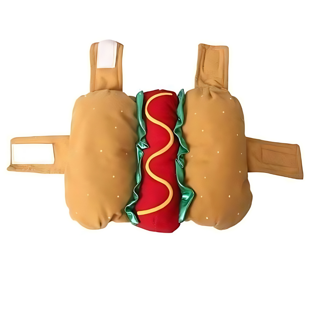 Dog hot dog costume, one-piece Halloween outfit for dogs with adjustable hook-and-loop straps, sizes XS to 2XL