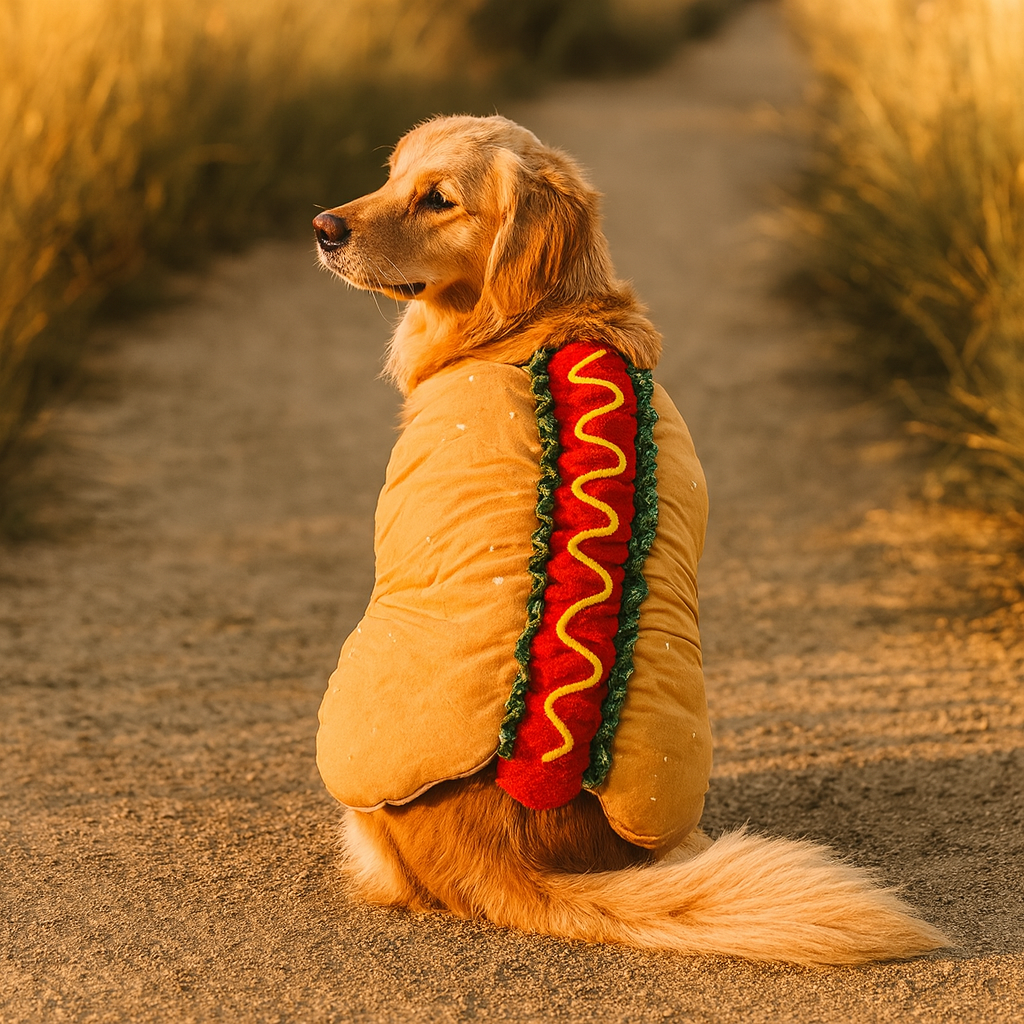 Dog hot dog costume, one-piece Halloween outfit for dogs with adjustable hook-and-loop straps, sizes XS to 2XL
