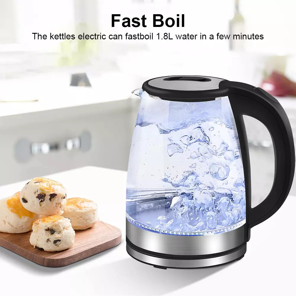 Electric Kettle – 1.8L Glass Kettle with Rapid Boil, Auto Shut-Off & LED Light for Tea, Coffee & More