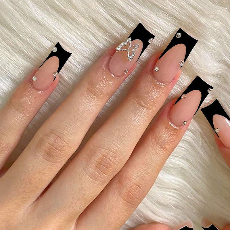 Elegant Black and White Press-On Nail Set with Glitter Accents