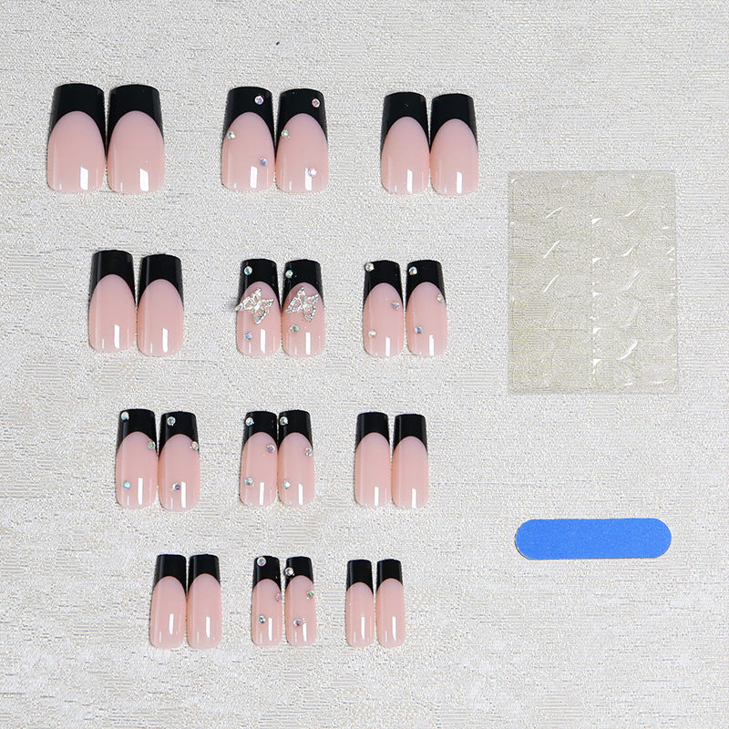 Elegant Black and White Press-On Nail Set with Glitter Accents