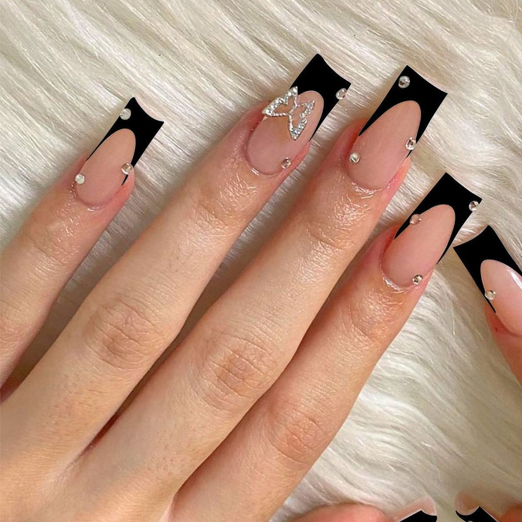 Elegant Black and White Press-On Nail Set with Glitter Accents