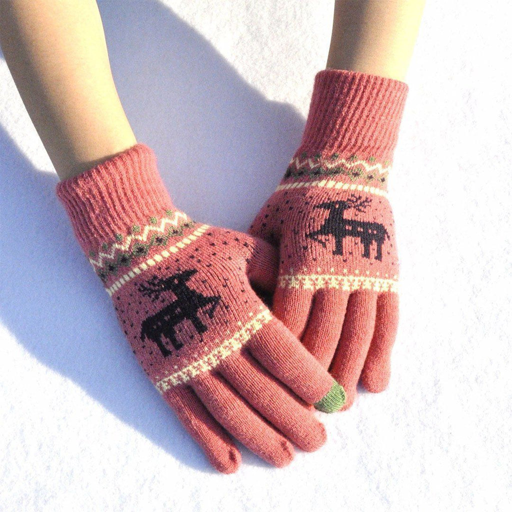 Elk Snowflake Printed Knitted Touchscreen Gloves