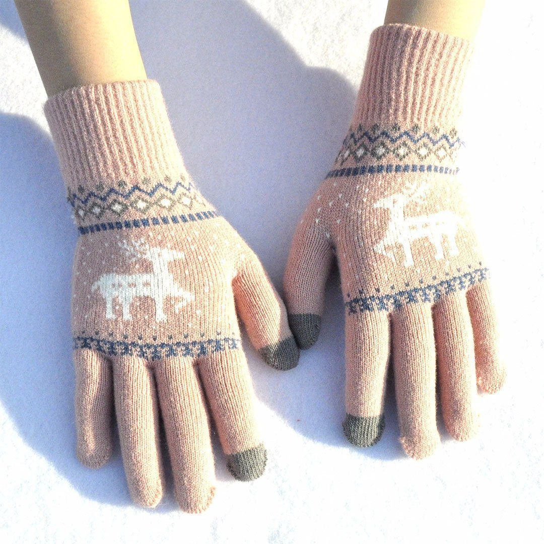 Elk Snowflake Printed Knitted Touchscreen Gloves