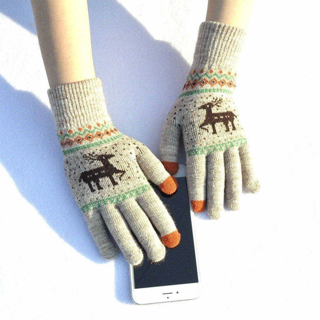 Elk Snowflake Printed Knitted Touchscreen Gloves