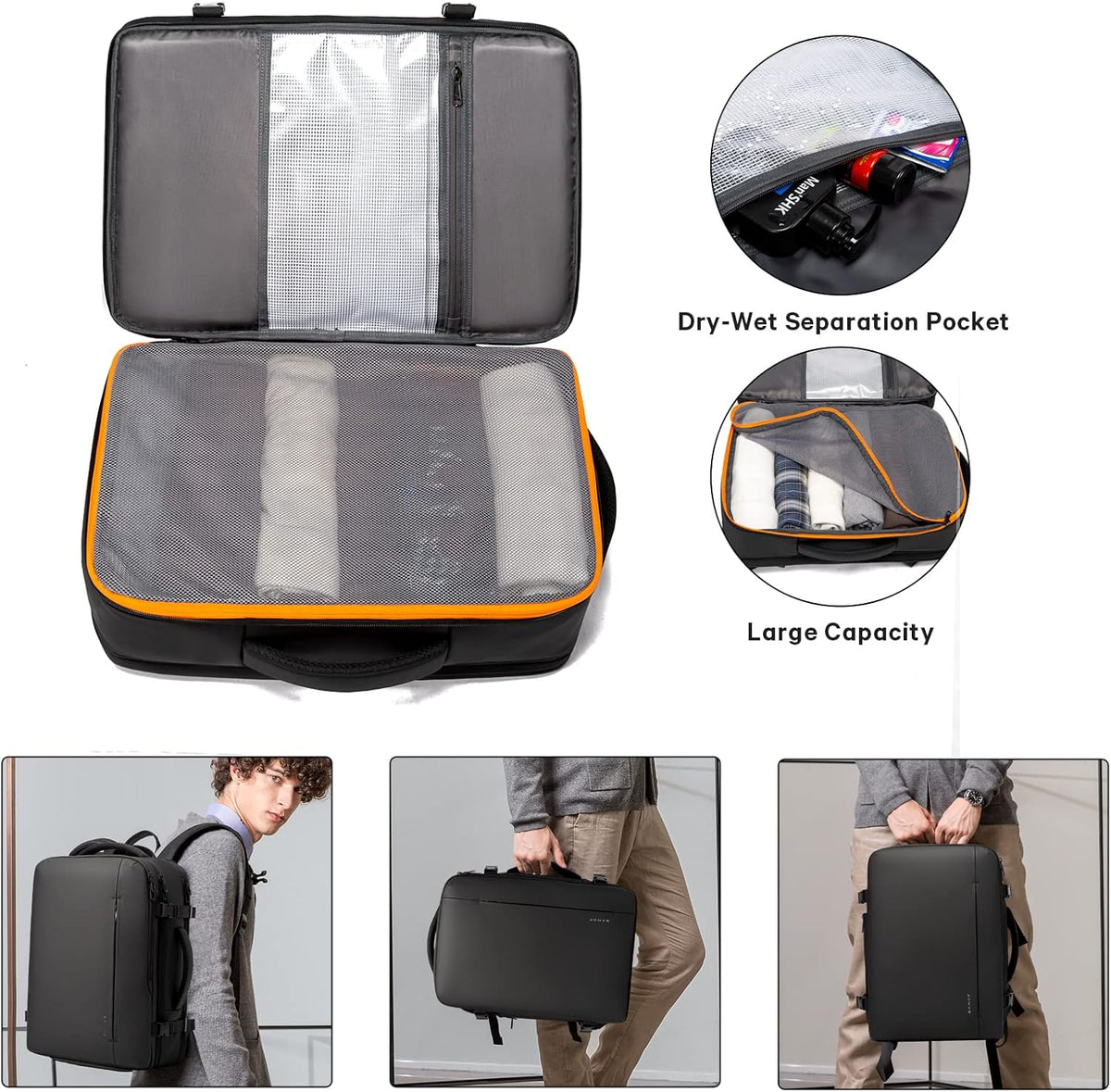 Expandable 26–45L Waterproof Travel Backpack with Laptop Sleeve & Duffle Carry