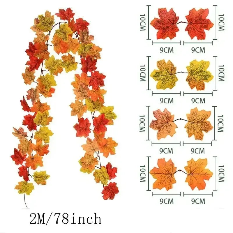 Fall leaf garland with artificial maple leaves, 2 meters, 9-10 cm fabric and plastic leaves for doors, fireplaces and st