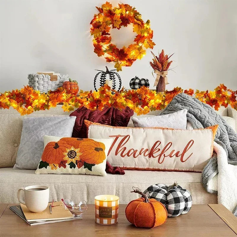 Fall leaf garland with artificial maple leaves, 2 meters, 9-10 cm fabric and plastic leaves for doors, fireplaces and st
