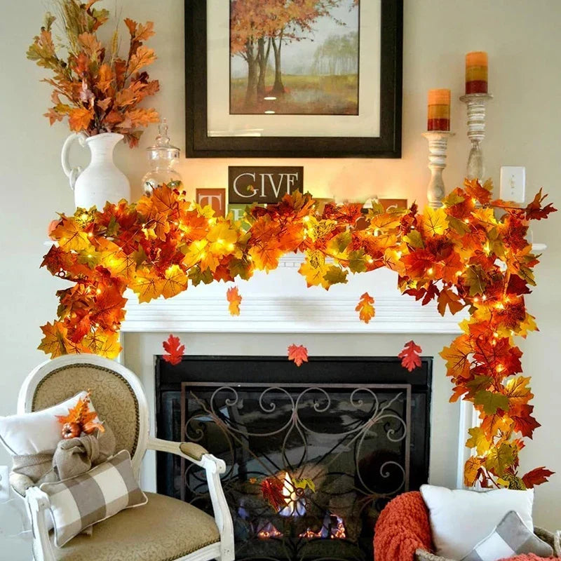 Fall leaf garland with artificial maple leaves, 2 meters, 9-10 cm fabric and plastic leaves for doors, fireplaces and st
