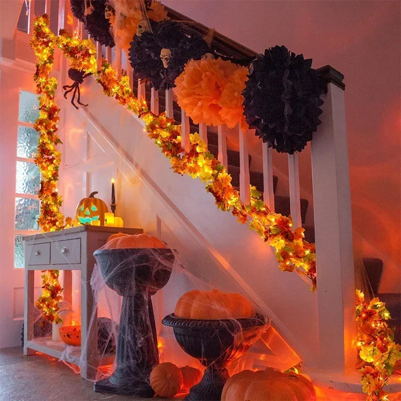 Fall leaf garland with artificial maple leaves, 2 meters, 9-10 cm fabric and plastic leaves for doors, fireplaces and st