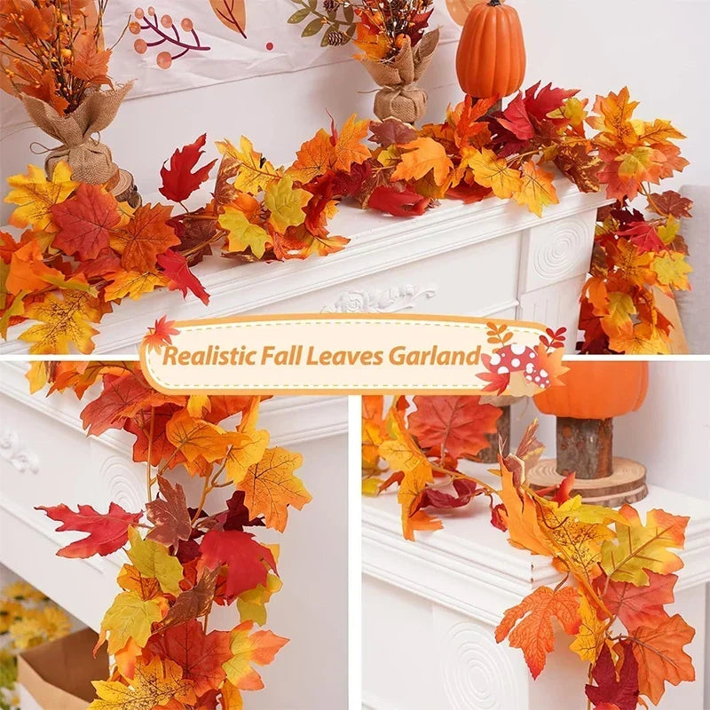 Fall leaf garland with artificial maple leaves, 2 meters, 9-10 cm fabric and plastic leaves for doors, fireplaces and st