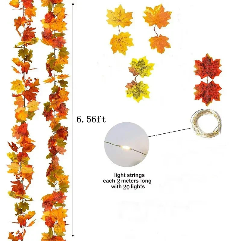 Fall leaf garland with artificial maple leaves, 2 meters, 9-10 cm fabric and plastic leaves for doors, fireplaces and st