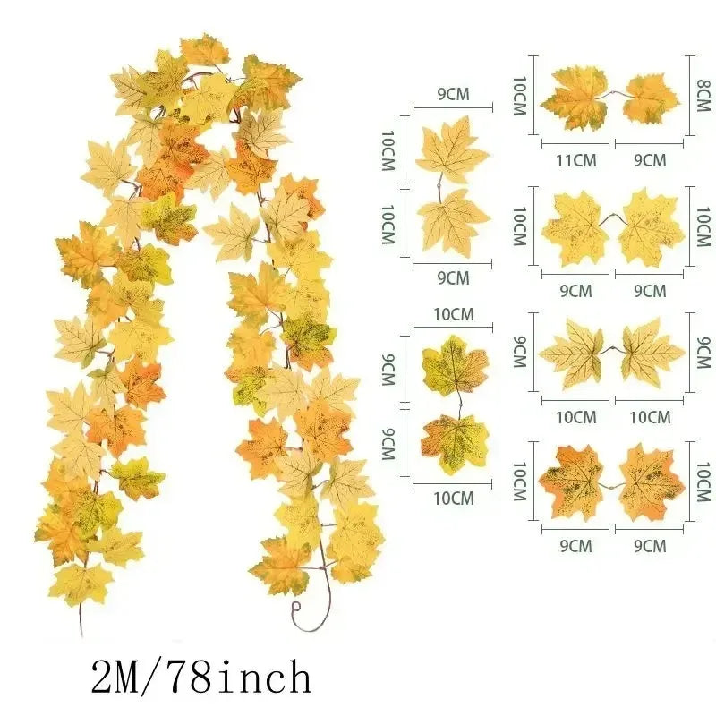 Fall leaf garland with artificial maple leaves, 2 meters, 9-10 cm fabric and plastic leaves for doors, fireplaces and st