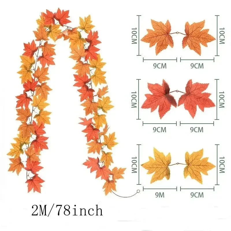 Fall leaf garland with artificial maple leaves, 2 meters, 9-10 cm fabric and plastic leaves for doors, fireplaces and st