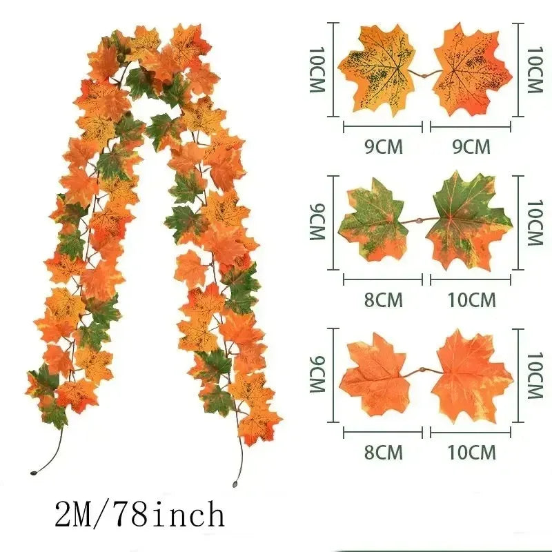 Fall leaf garland with artificial maple leaves, 2 meters, 9-10 cm fabric and plastic leaves for doors, fireplaces and st