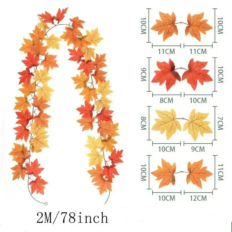 Fall leaf garland with artificial maple leaves, 2 meters, 9-10 cm fabric and plastic leaves for doors, fireplaces and st