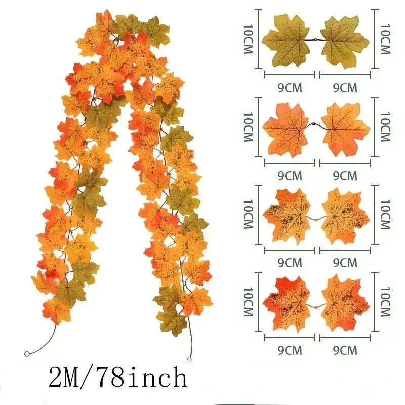 Fall leaf garland with artificial maple leaves, 2 meters, 9-10 cm fabric and plastic leaves for doors, fireplaces and st