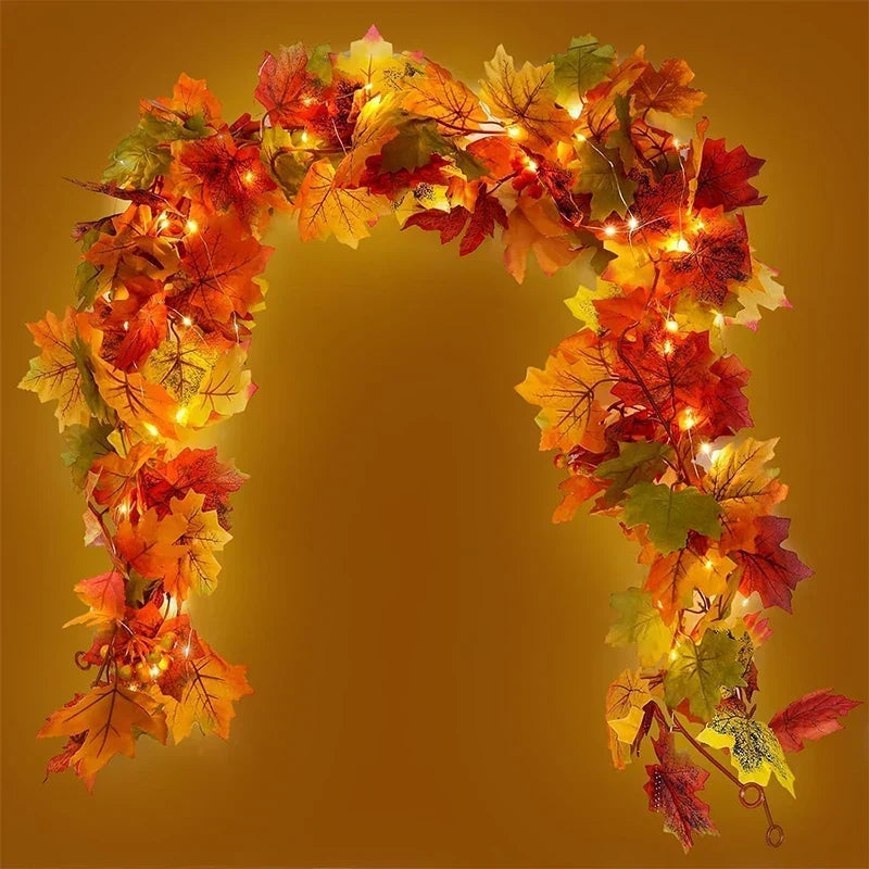 Fall leaf garland with artificial maple leaves, 2 meters, 9-10 cm fabric and plastic leaves for doors, fireplaces and st