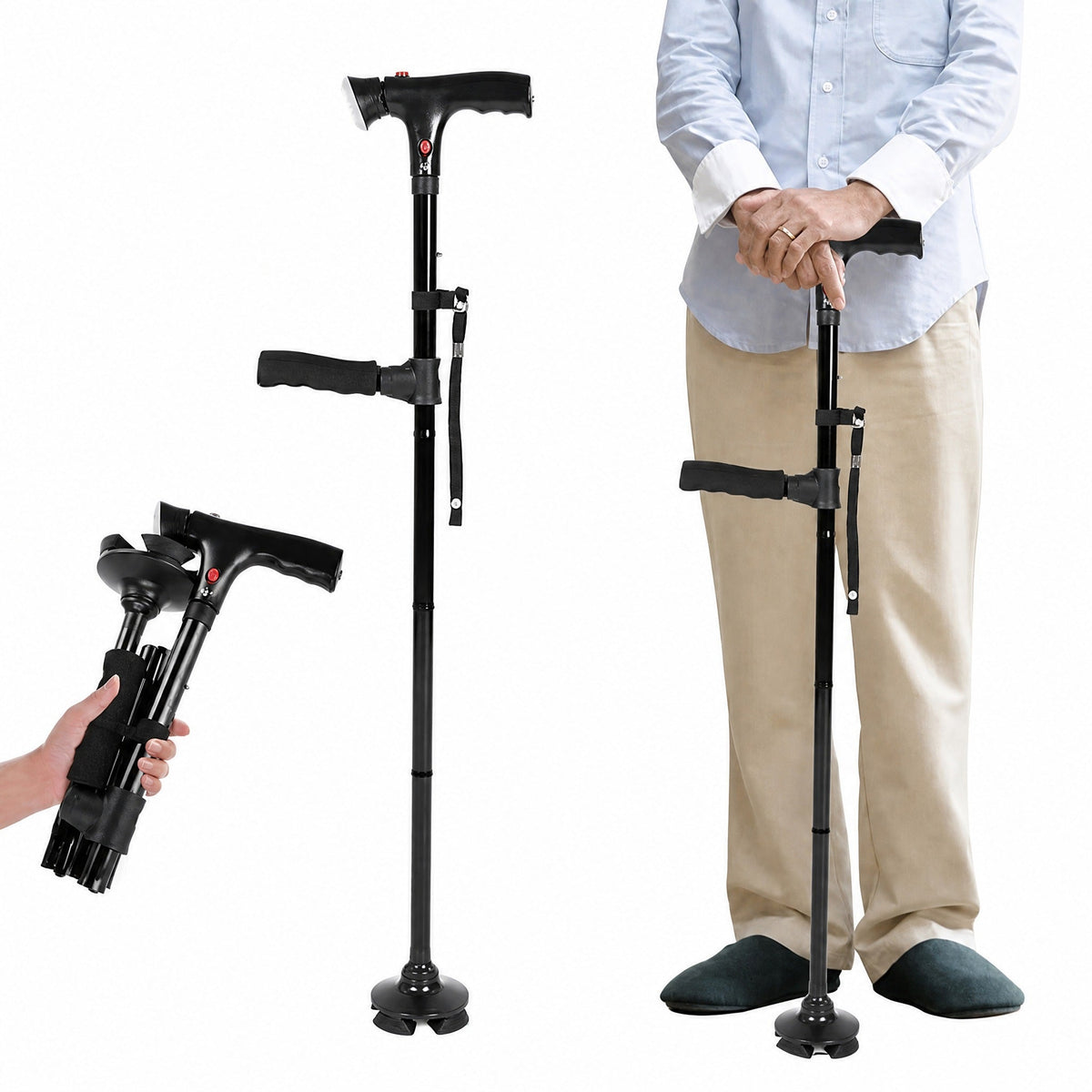 Folding walking stick with double handle, four-point base, LED light and alarm