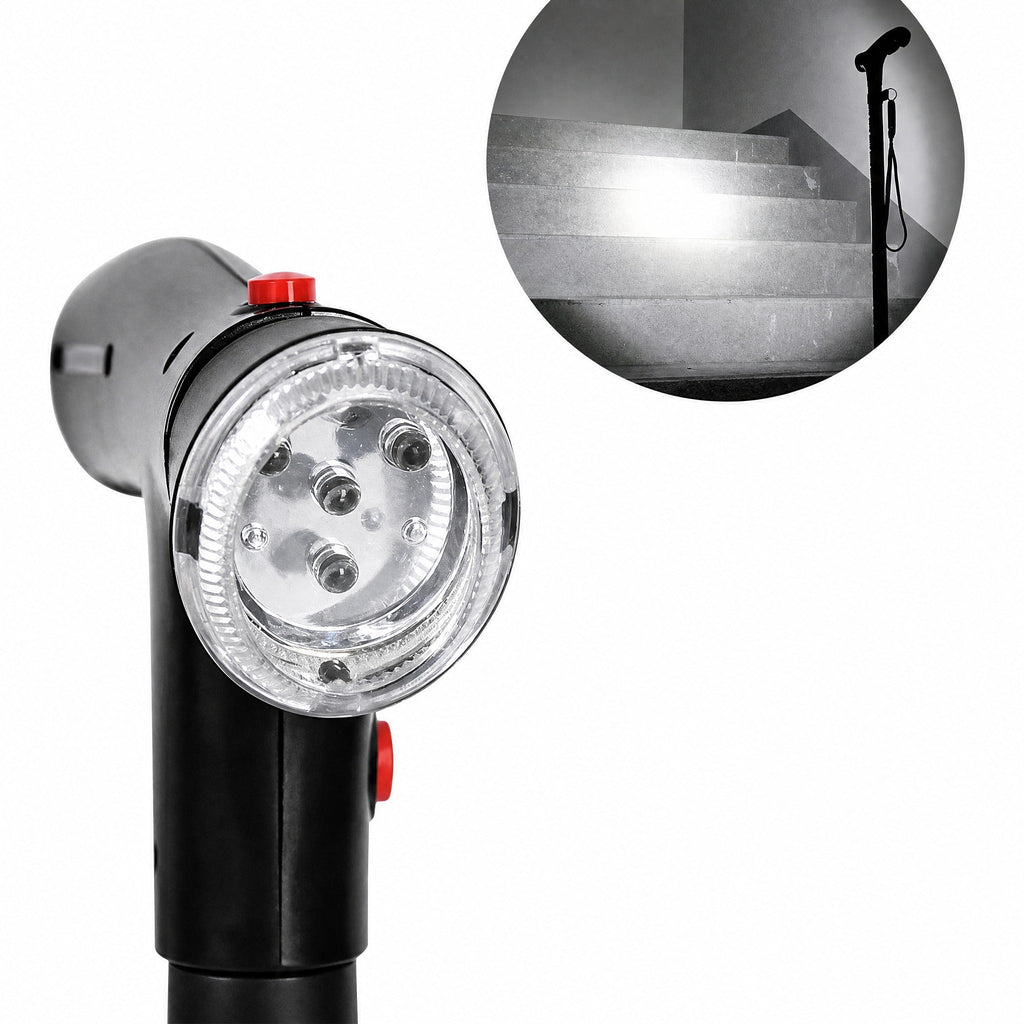 Folding walking stick with double handle, four-point base, LED light and alarm