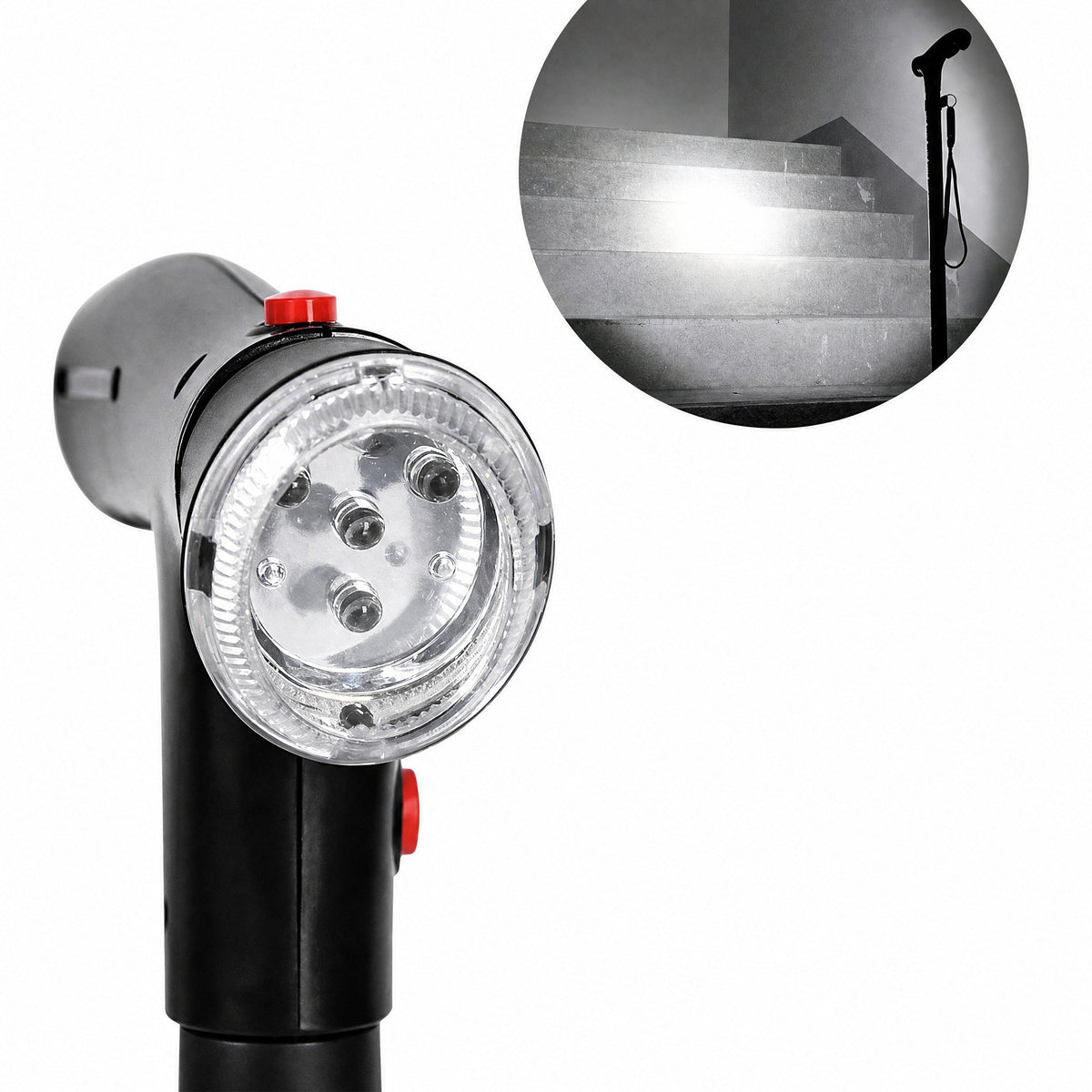 Folding walking stick with double handle, four-point base, LED light and alarm