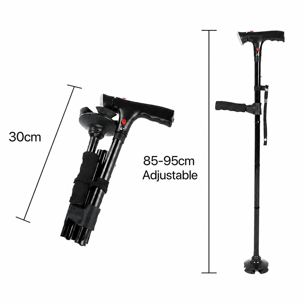 Folding walking stick with double handle, four-point base, LED light and alarm