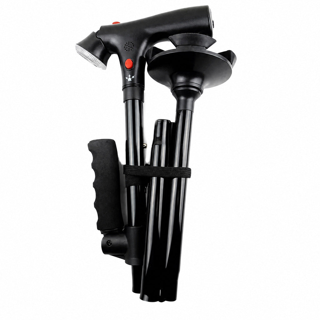 Folding walking stick with double handle, four-point base, LED light and alarm