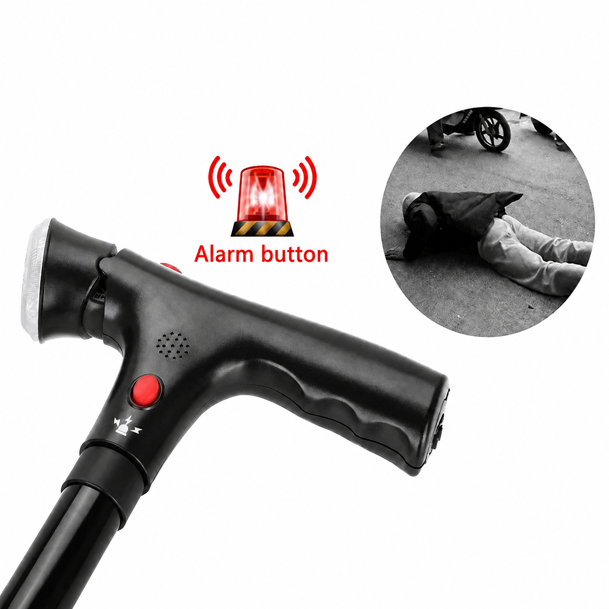 Folding walking stick with double handle, four-point base, LED light and alarm